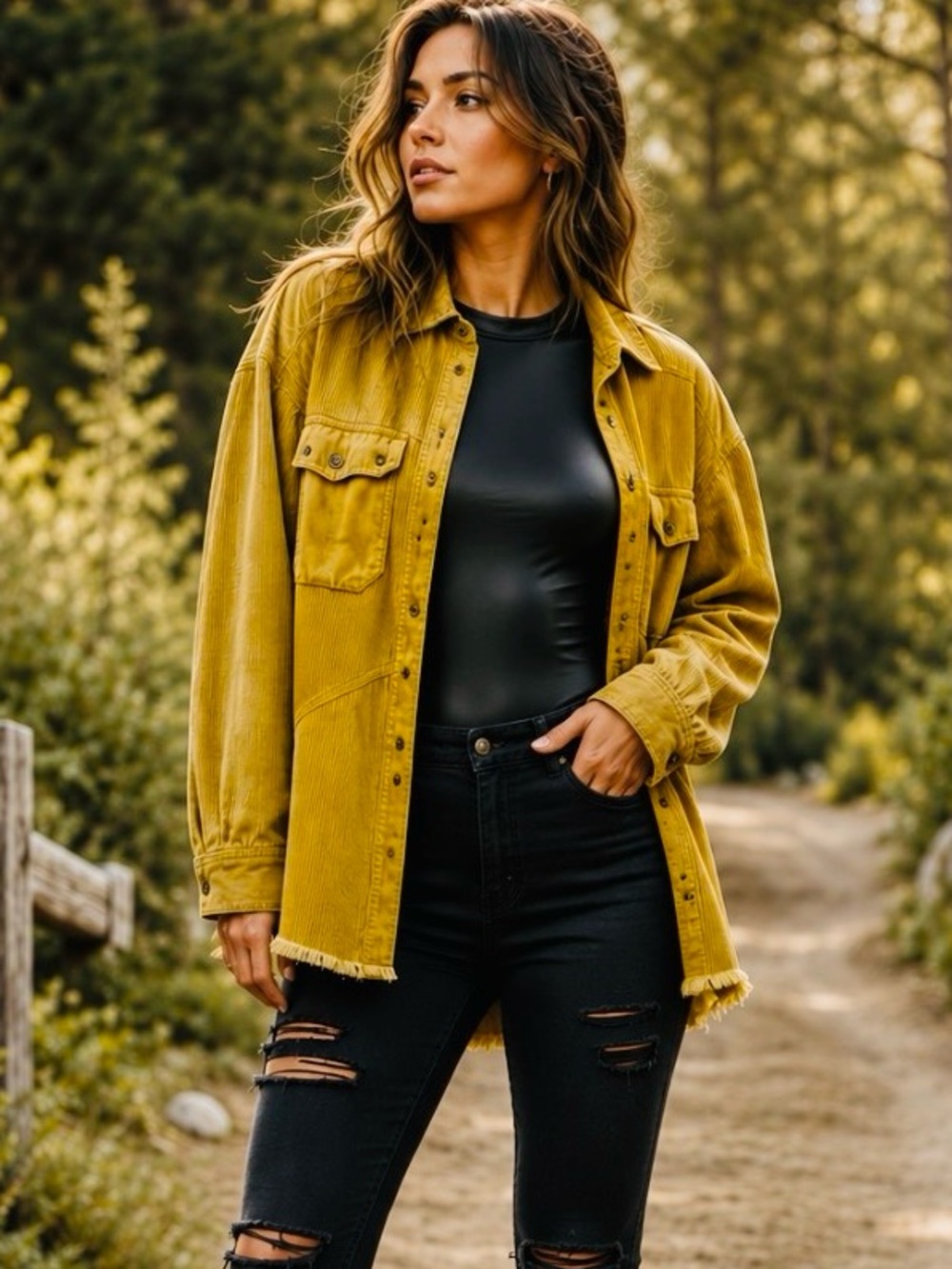THREAD & SUPPLY Frayed Hem Corduroy Shacket Shirt Jacket Gold Ochre S